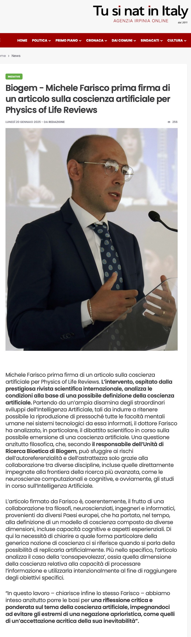 Biogem - Michele Farisco prima firma di un articolo sulla coscienza artificiale per Physics of Life Reviews